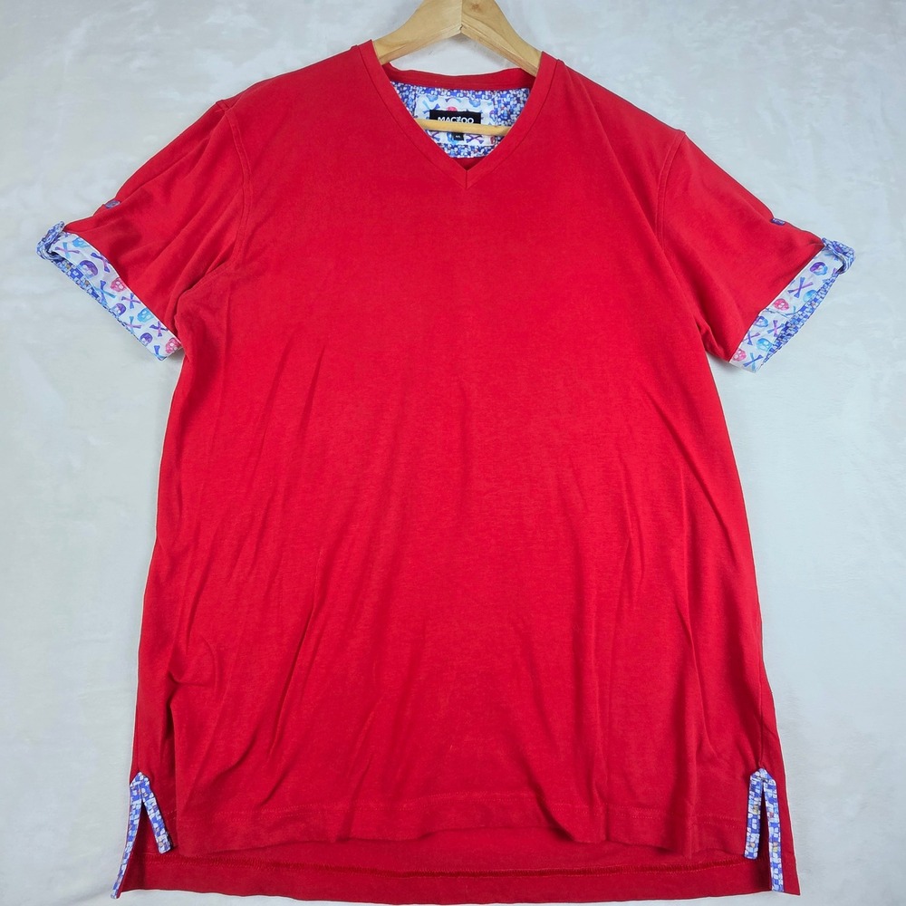 Maceoo V-Neck Short Sleeve Shirt Mens L Red Vivaldi Solid Mosaic Skull Trim